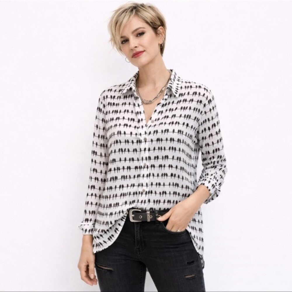 Jane & Delancey Button Down Shirt Birds on Wire Print Black White size XLarge